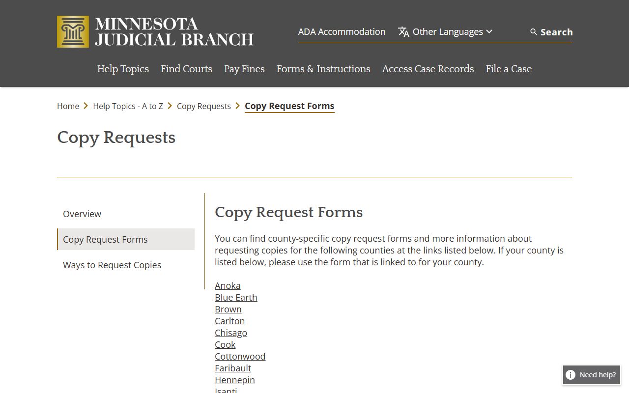 Minnesota copy request forms page