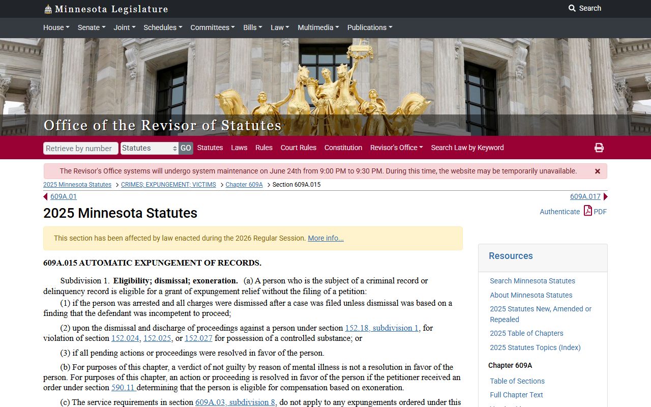 Faribault County arrest records Minnesota automatic expungement statute