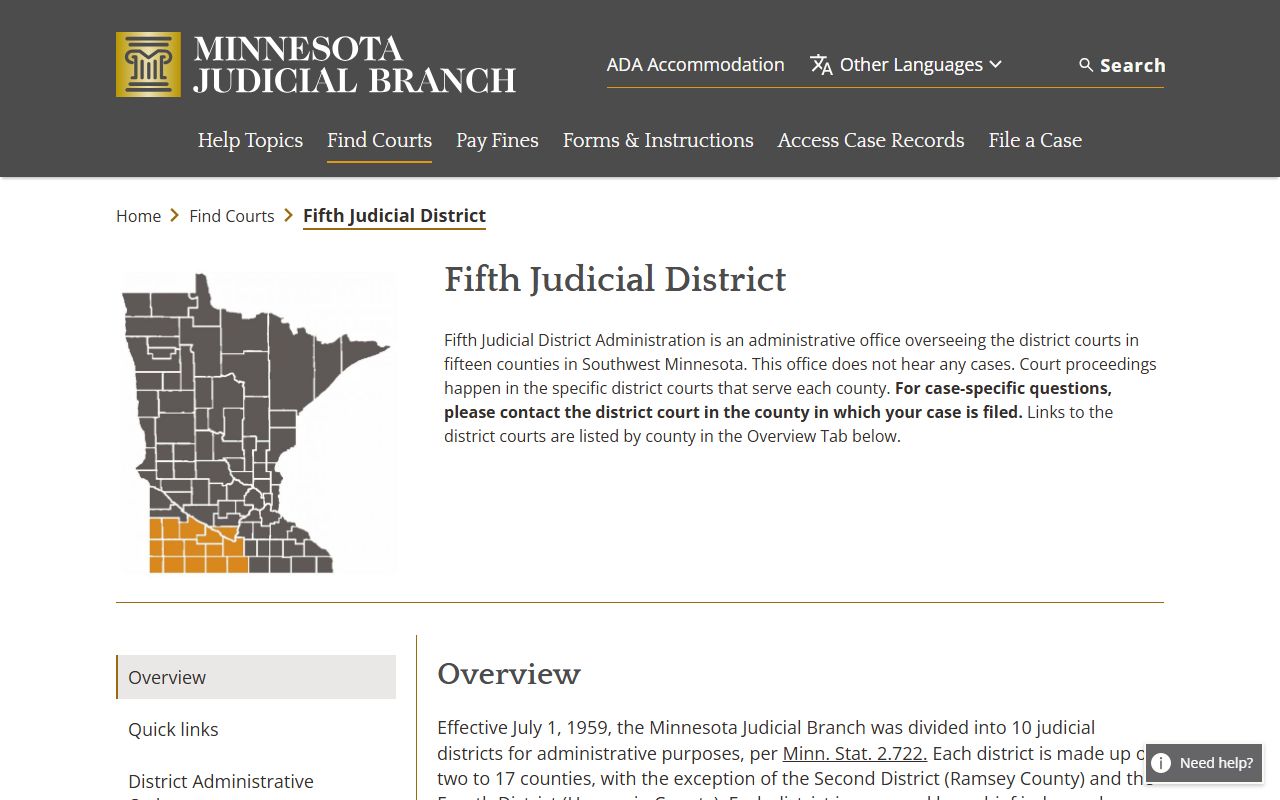 Faribault County court dockets Fifth Judicial District overview