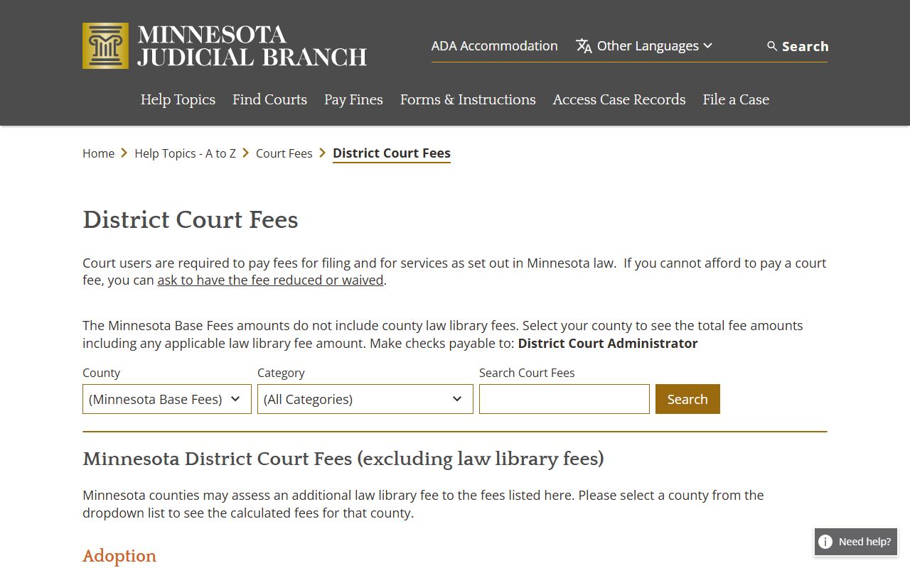 Faribault County court dockets District Court fee table
