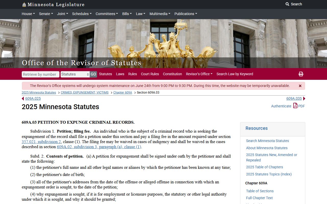 Faribault County criminal court records expungement petition statute