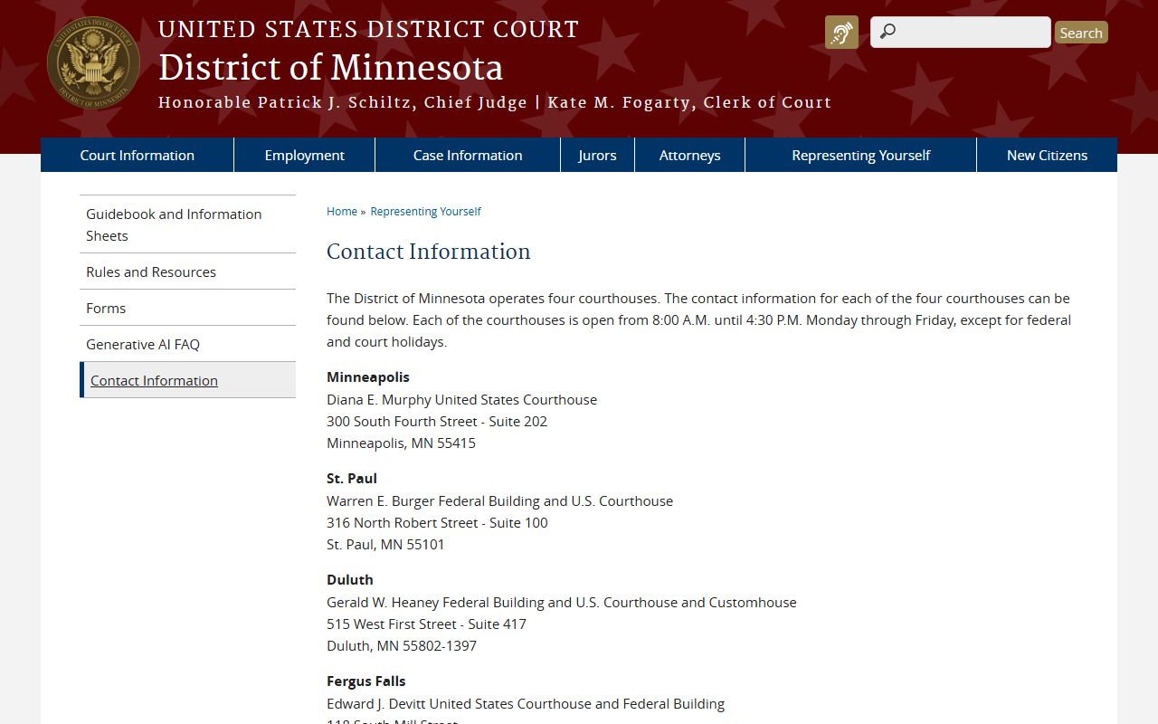 District of Minnesota contact information page