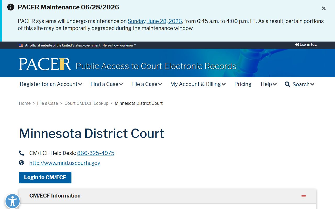 PACER Minnesota District Court entry