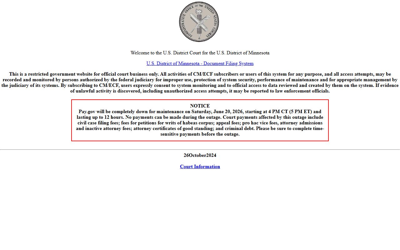 District of Minnesota CM ECF system