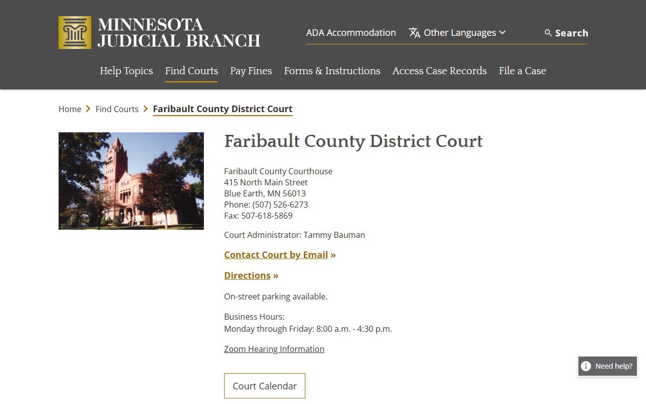 Faribault County court records District Court page
