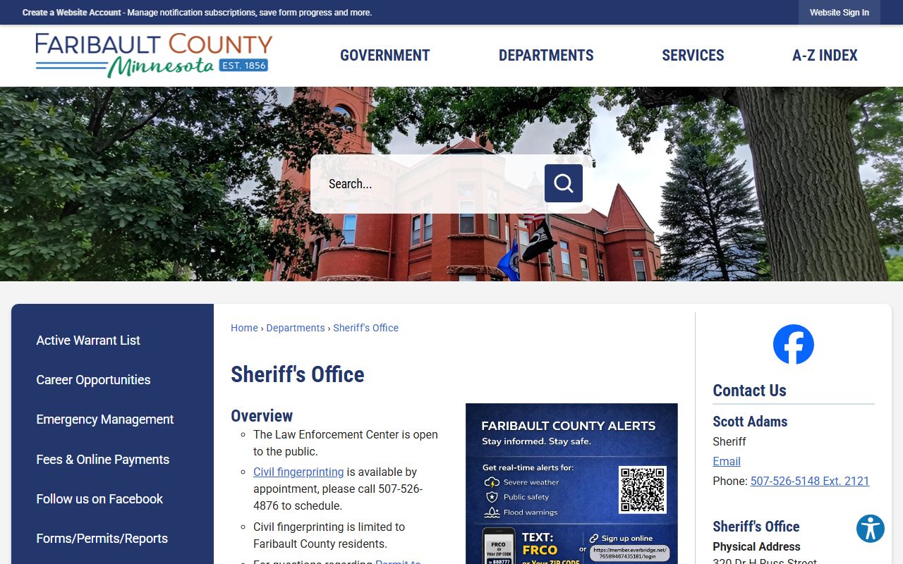 Faribault County court records sheriff office page