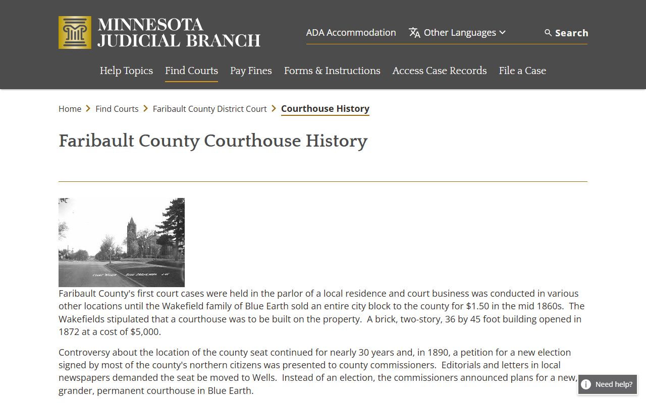 Faribault County court records courthouse history