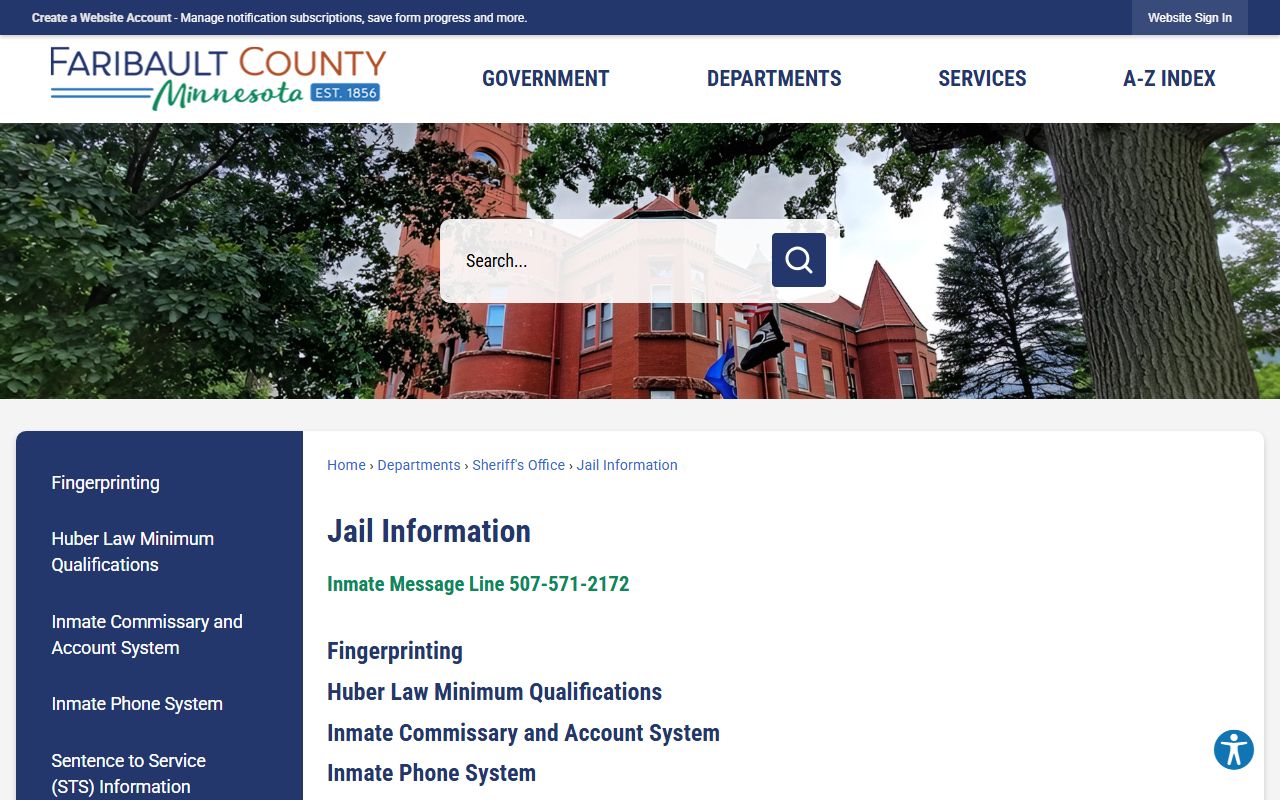 Faribault County jail information page