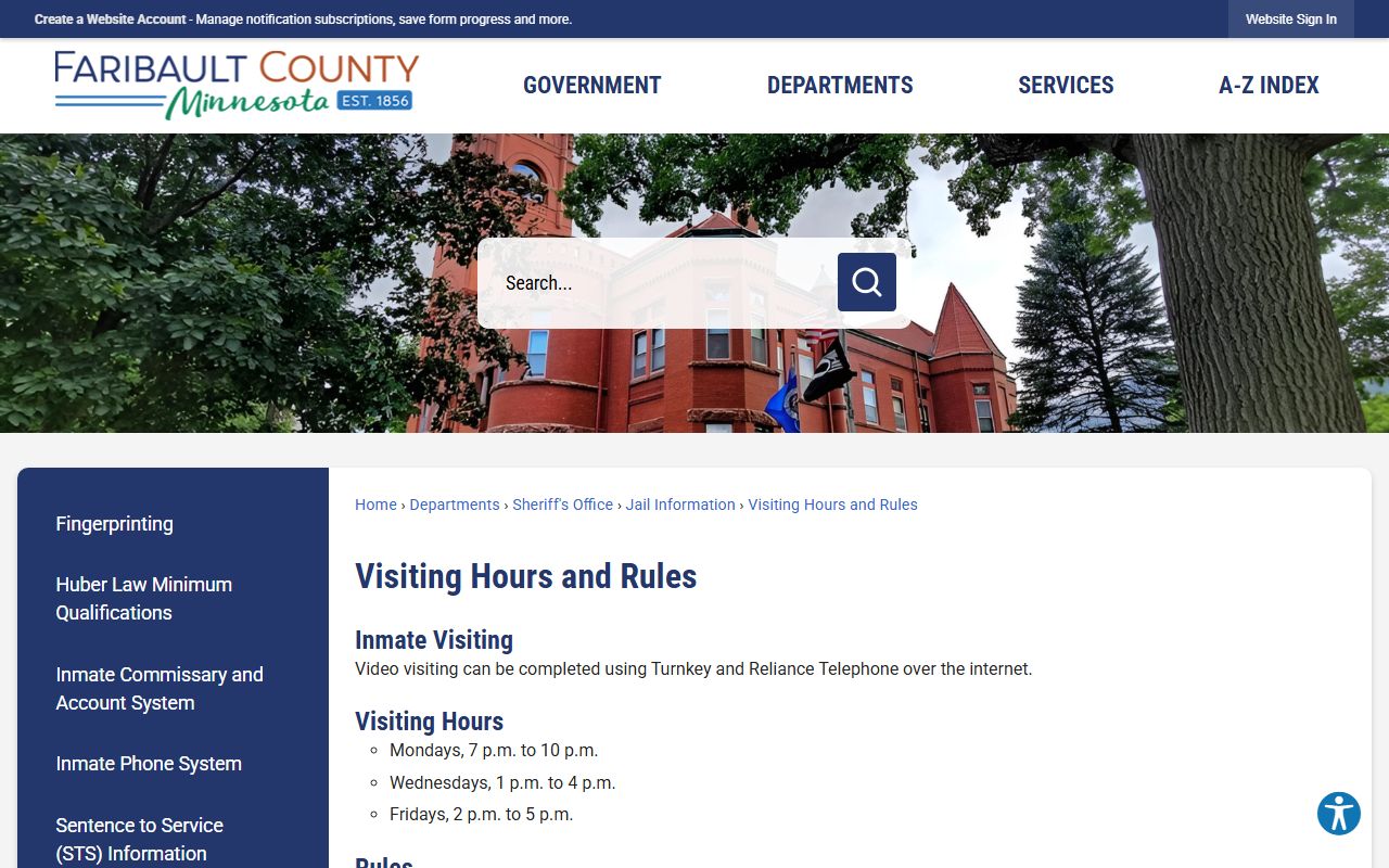 Faribault County jail visiting hours and rules
