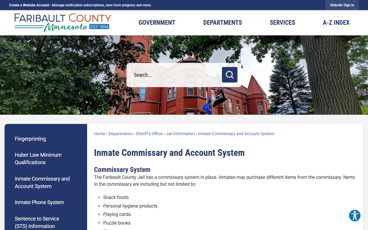 Faribault County inmate commissary and account system page