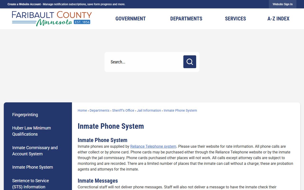 Faribault County inmate phone system page