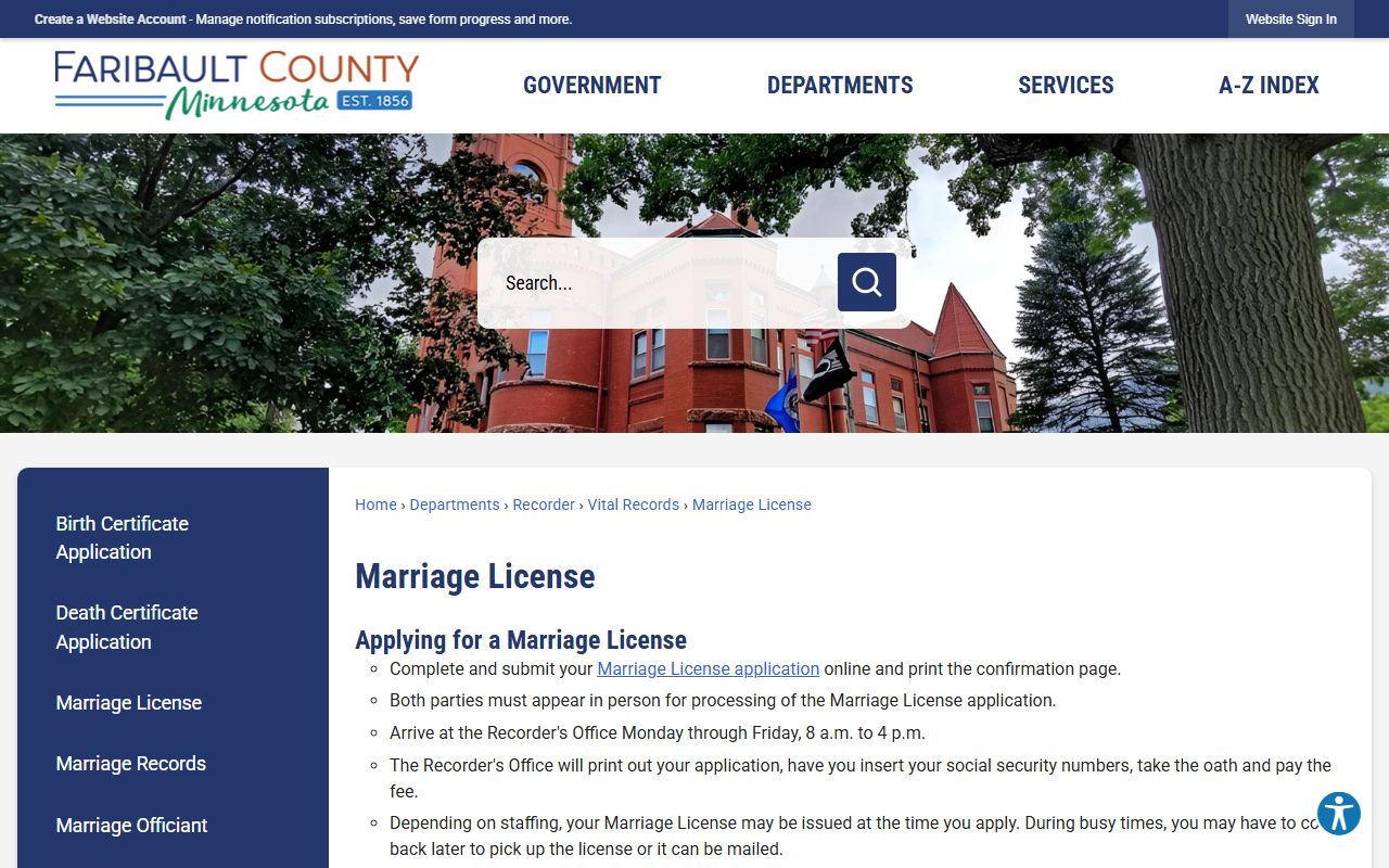 Faribault County marriage license page