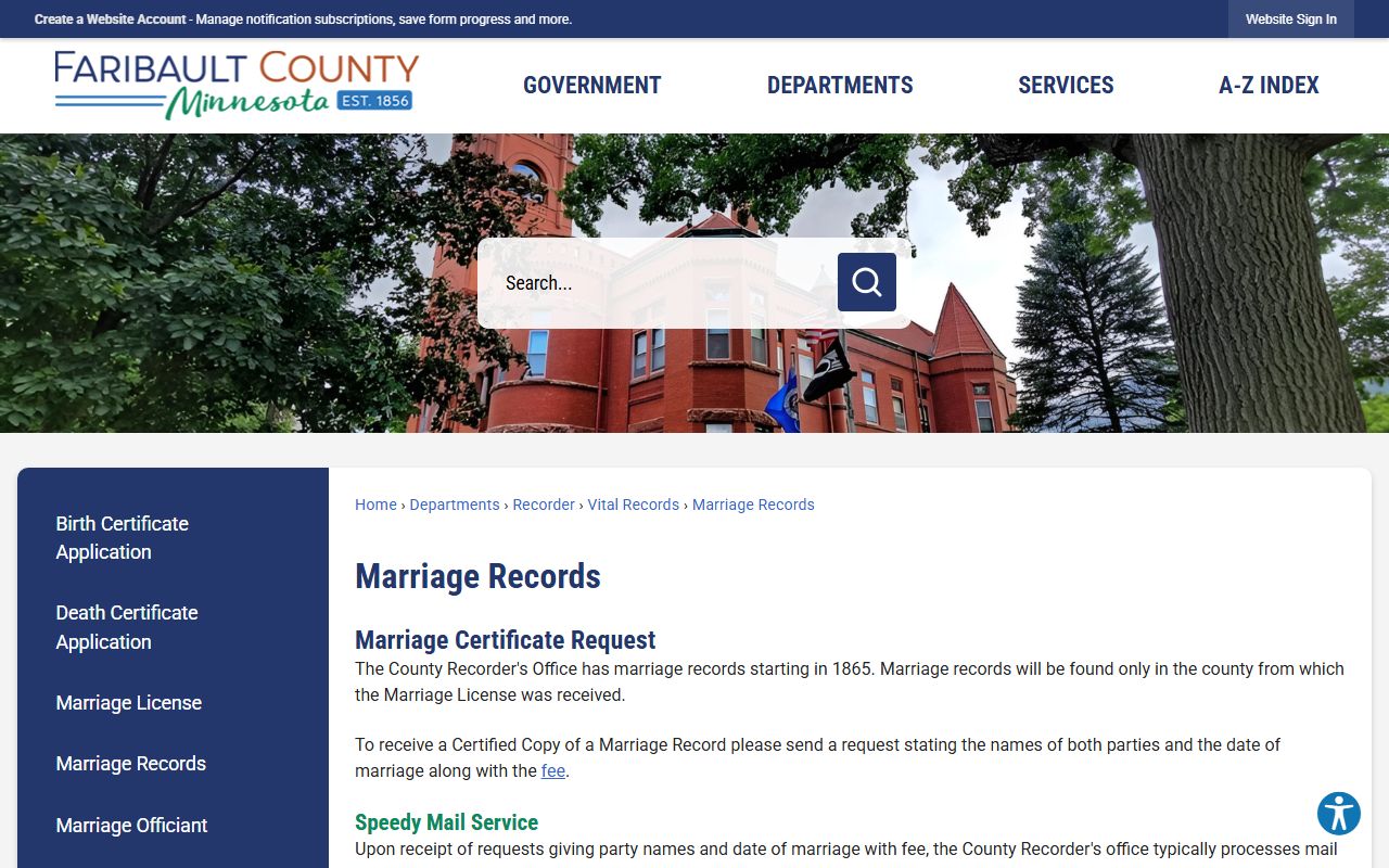Faribault County marriage records page