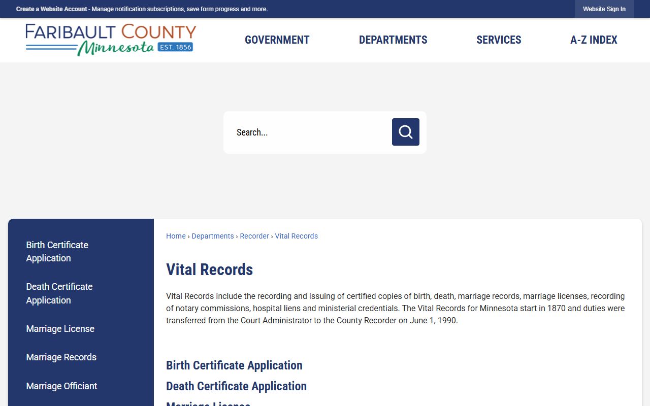 Faribault County vital records page