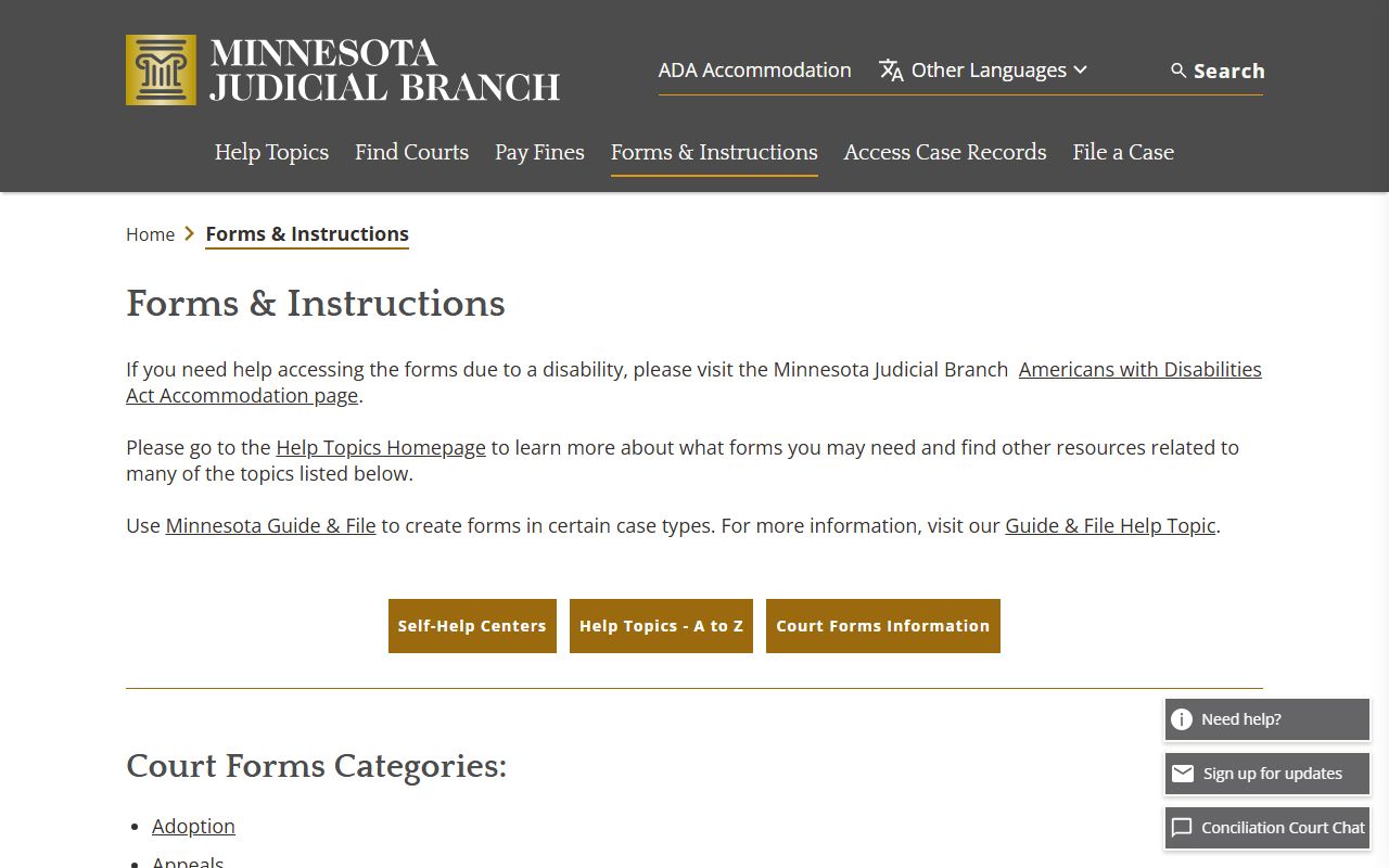 Minnesota court forms page