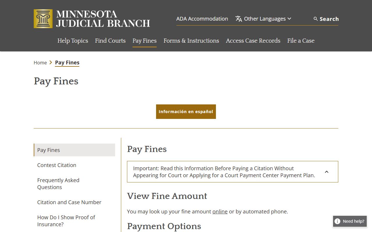 Minnesota pay fines and citation information page