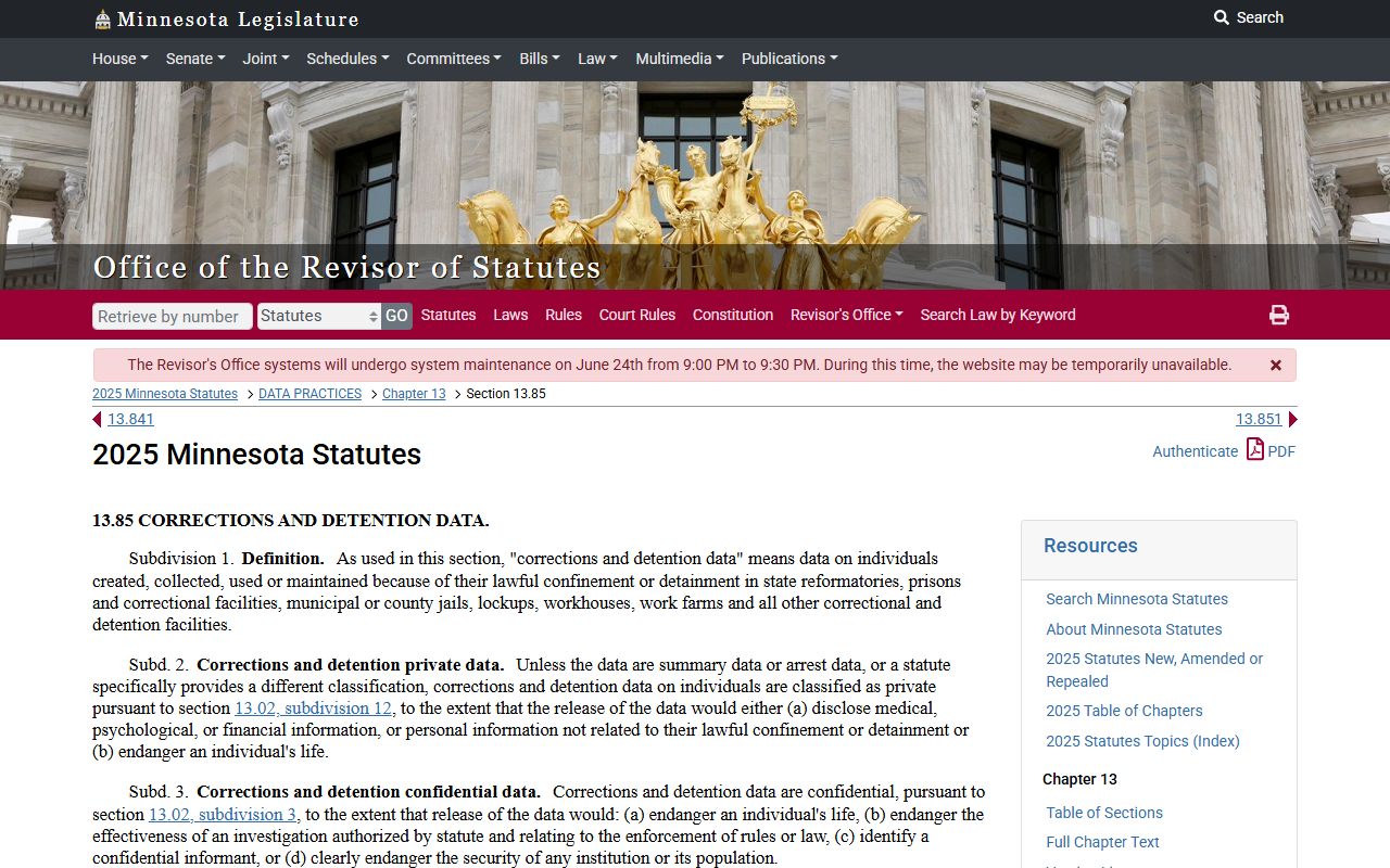 Minnesota corrections and detention data statute